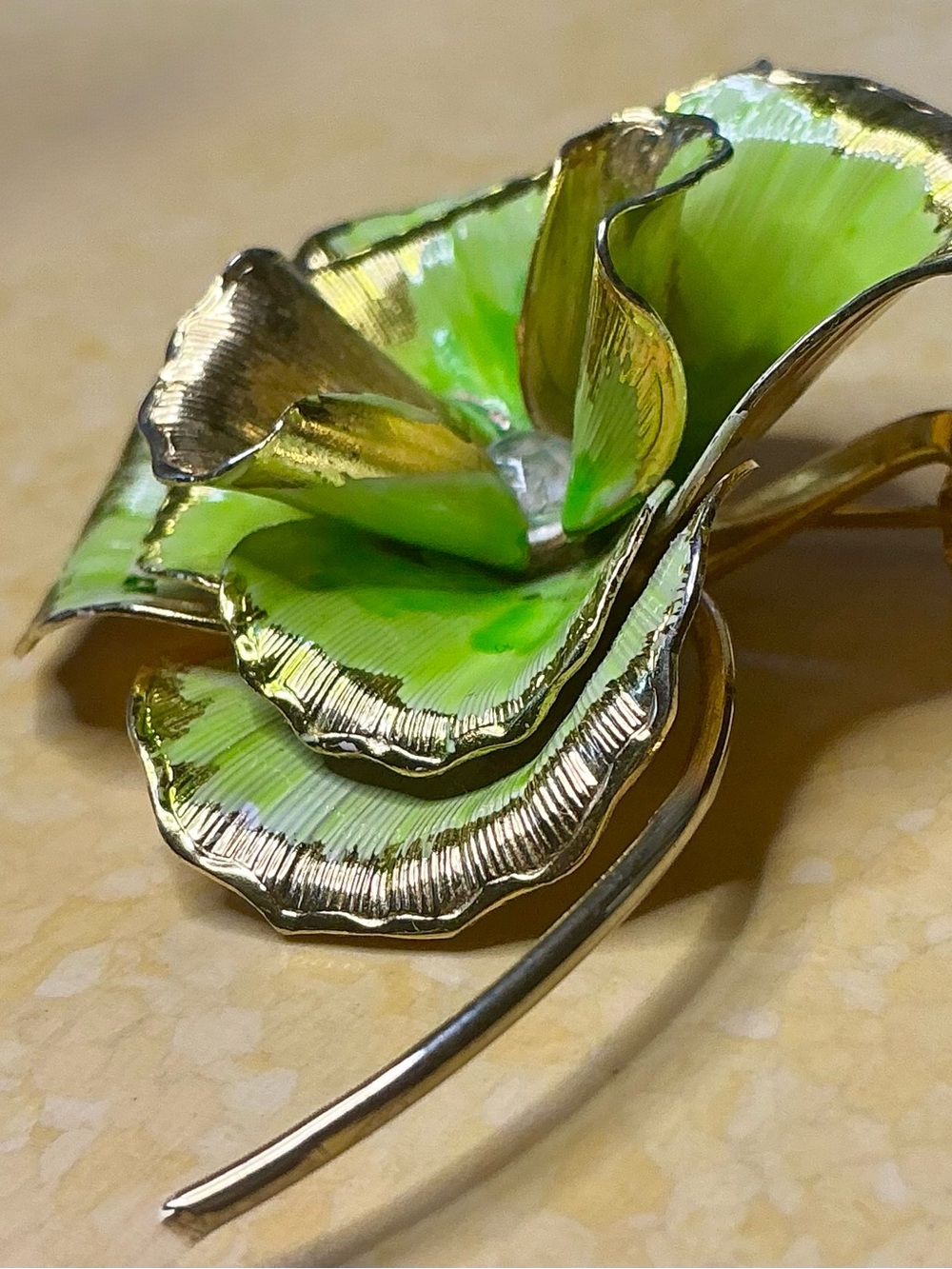 Estate Green and Gold Enamel Flower Brooch